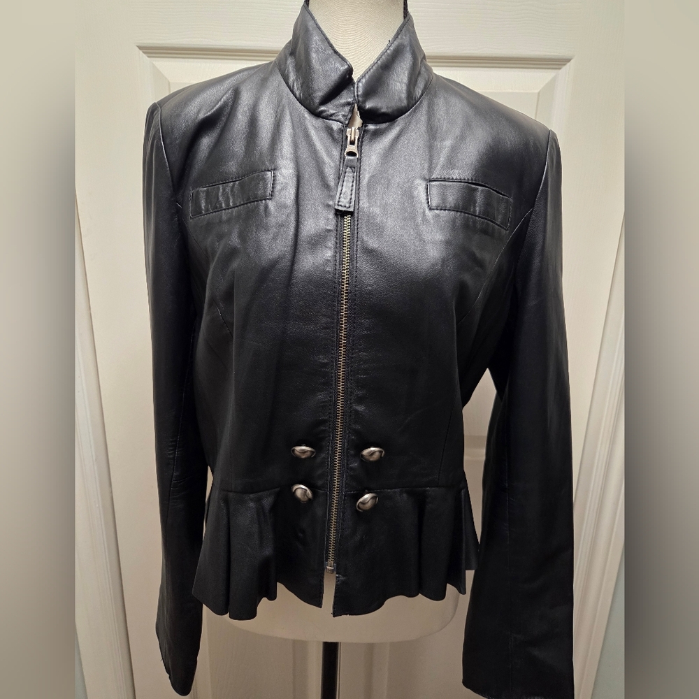 Tristan Ruffled Bottom Leather Jacket - Picture 2 of 9